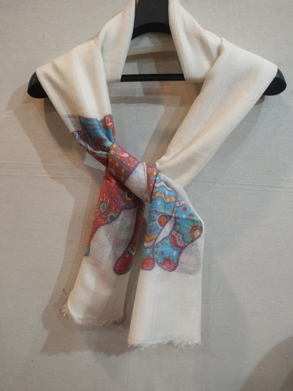 Hand Woven Pashmina Shawl elephant design with white base