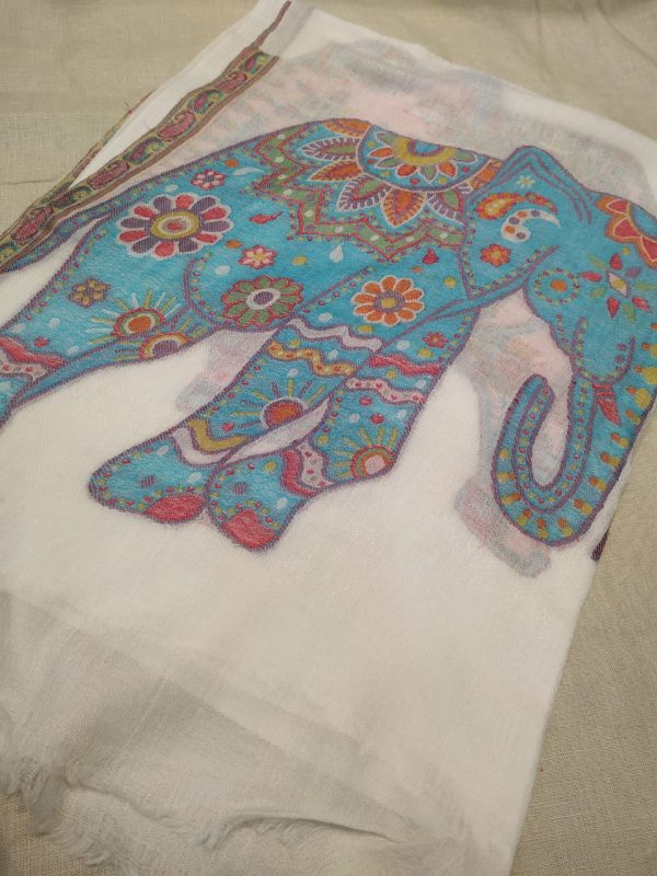 Hand Woven Pashmina Shawl elephant design with white base
