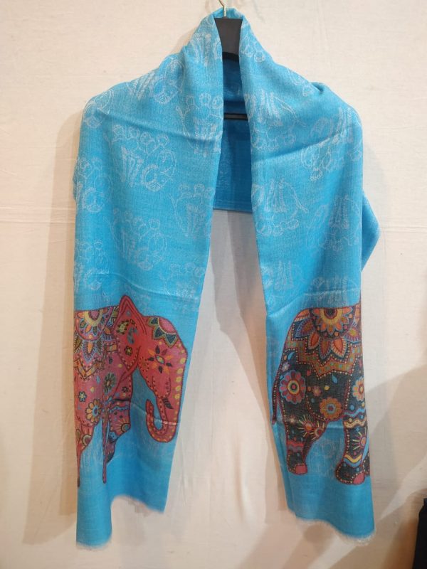 Pink Elephant Design Unisex Pure Pashmina Hand Woven Shawl Turquoise Base