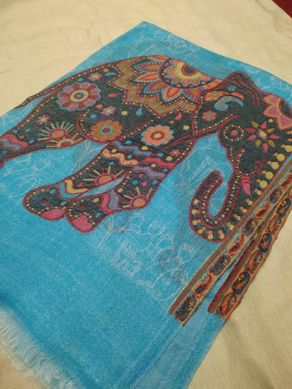 Pink Elephant Design Unisex Pure Pashmina Hand Woven Shawl Turquoise Base