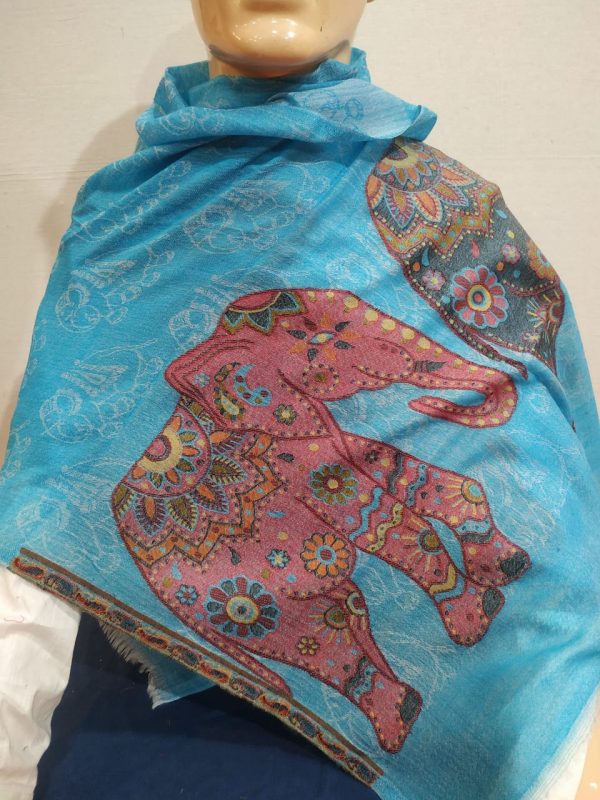 Pink Elephant Design Unisex Pure Pashmina Shawl Turquoise Base