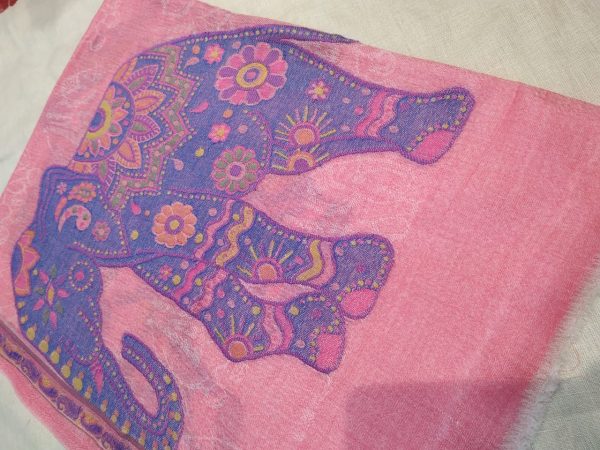 Purple Elephant Design Unisex Pure Pashmina Hand Woven Shawl Pink Base
