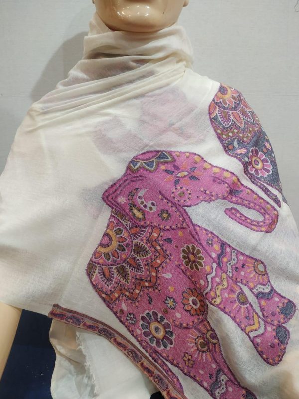 Pink Elephant Design Unisex Pure Pashmina Shawl White Base