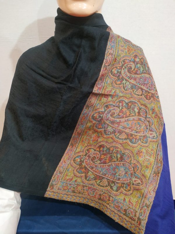 Black Base Paisley Design Zamawar Blue Border Pashmina Shawl