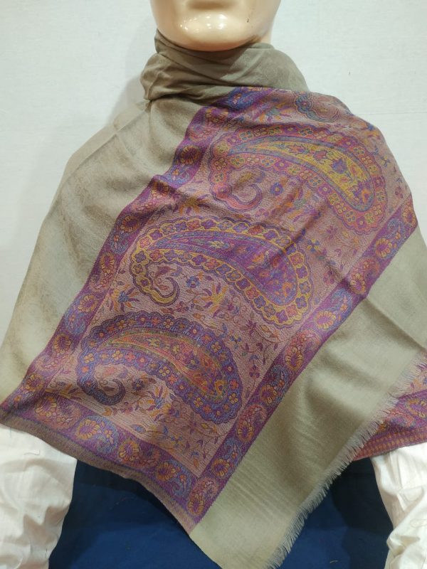 Natural Base Pink Paisley Design Zamawar Blue Border Pashmina Shawl