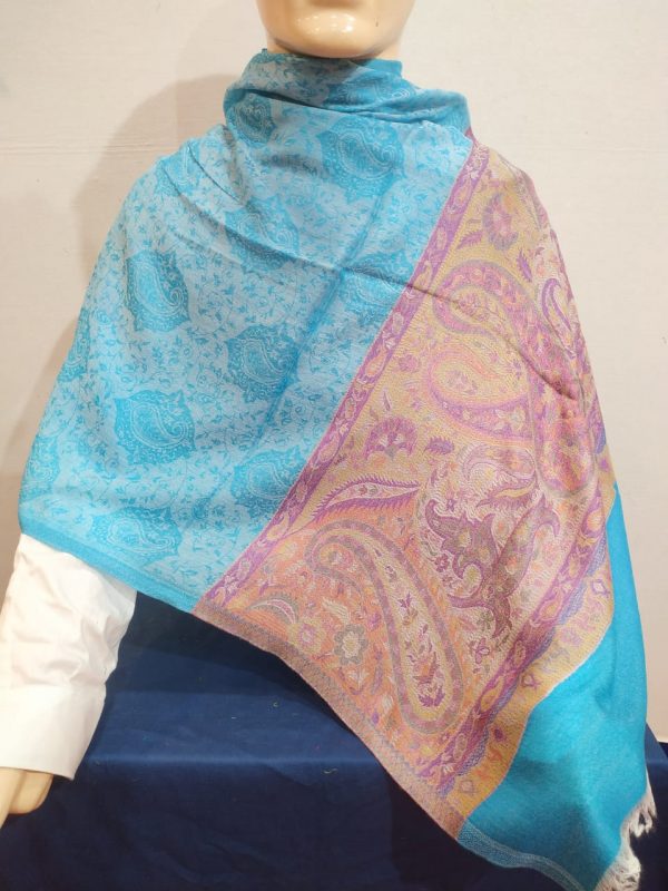 Turquoise Base Purple Paisley Design Zamawar Border Pashmina Shawl