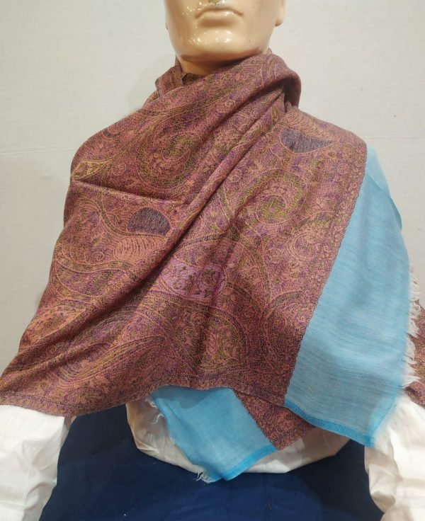 Womens Jamawar Pashmina Shawl Paisley Design With Sky Blue Border