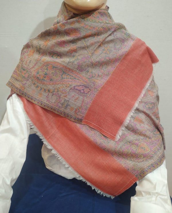 Womens Jamawar Pashmina Shawl Multicolor Paisley Design With Peach Border