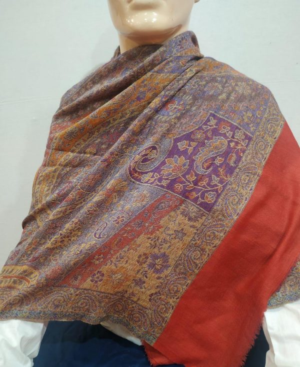Womens Jamawar Pashmina Shawl Multicolor Paisley Design With Red Border