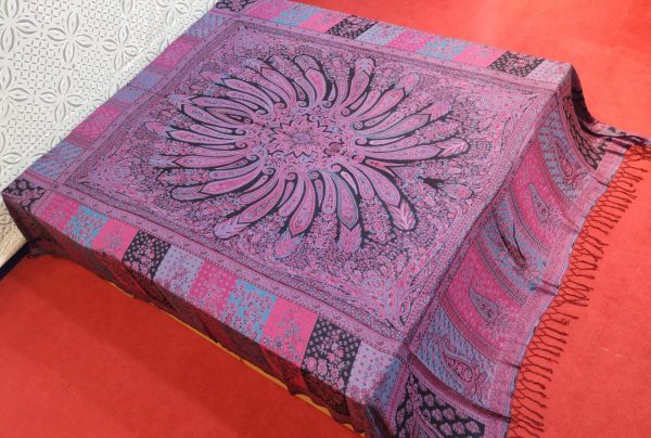 Pink, Blue & Purple With Multi Colors Mandala Design Reversible Silk Pashmina Bedsheet Fast Colors