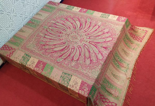 Pink & Green, Beige Colors Mandala Design Reversible Silk Pashmina Bedsheet Fast Colors