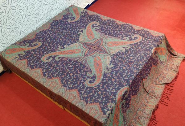 Blue & Multiple Colors Big Paisley Design Reversible Silk Pashmina Bedsheet Fast Colors