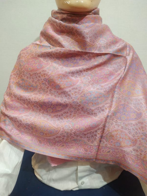 Light Pink & Multi color Silk & Pashmina Unisex Paisley Design Shawl With Pink Border