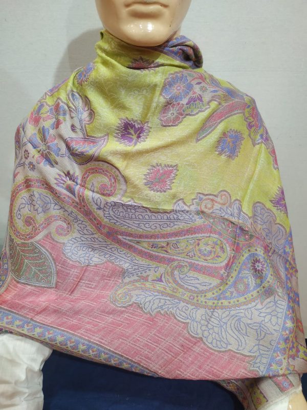 Pink & Multi color Silk & Pashmina Unisex Paisley Design Shawl