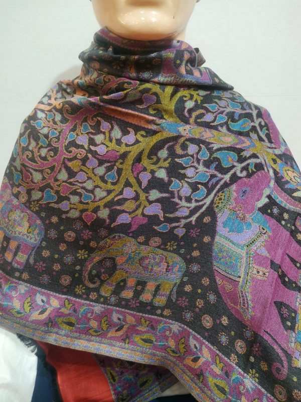 Black & Multi color Silk & Pashmina Unisex Animal Design Shawl With Red Border