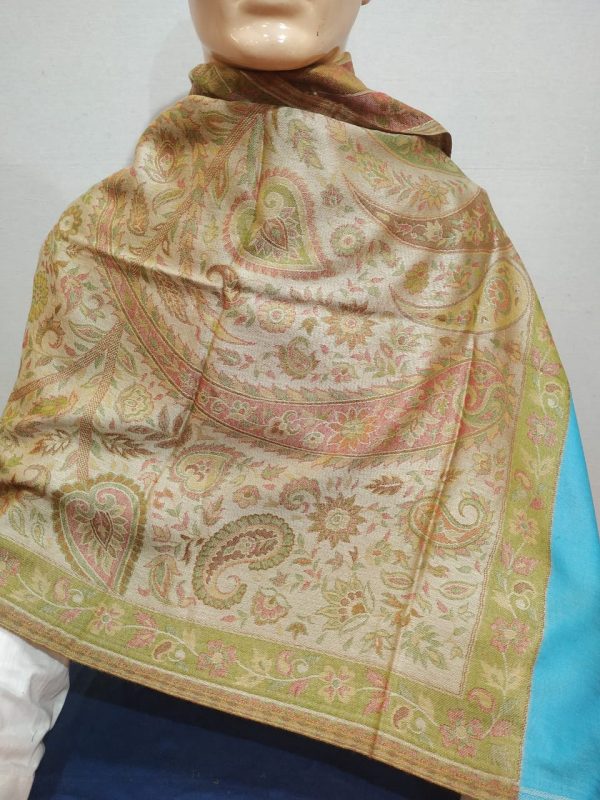 Beige Silk & Pashmina Unisex Paisley Design Shawl With Turquoise Border