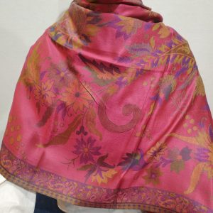 Pink & Multi color Silk & Pashmina Unisex Floral Design Shawl With Floral Border