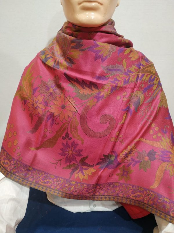 Pink & Multi color Silk & Pashmina Unisex Floral Design Shawl With Floral Border