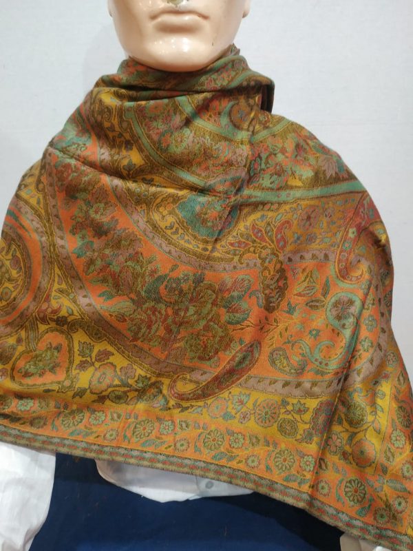 Mustard & Multi color Silk & Pashmina Unisex Paisley Design Shawl With Floral Border