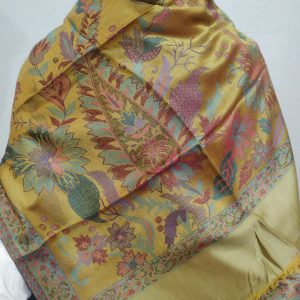 Yellow & Multi color Silk & Pashmina Unisex Floral Pattern Shawl With Yellow Border