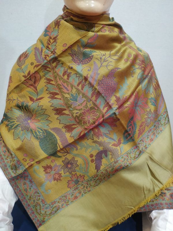 Yellow & Multi color Silk & Pashmina Unisex Floral Pattern Shawl With Yellow Border