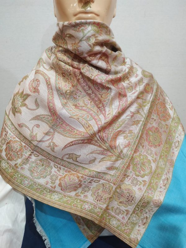 Beige & Multi color Silk & Pashmina Unisex Floral Pattern Shawl With Turquoise Border