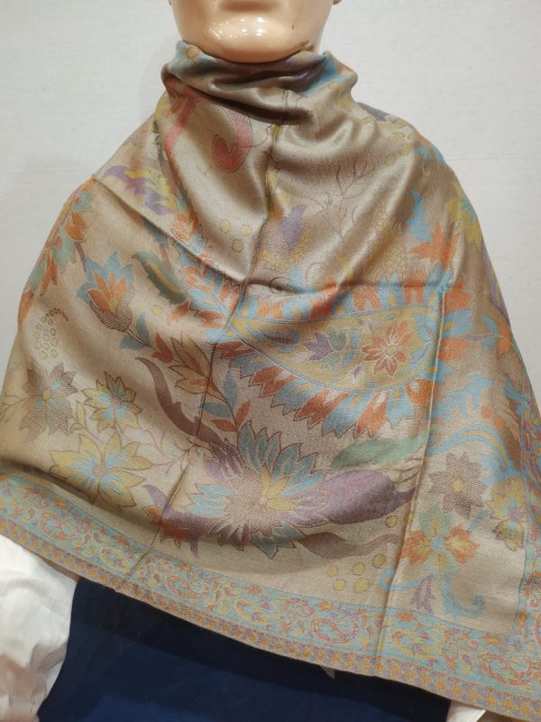 Golden & Multi color Silk & Pashmina Unisex Floral Pattern Shawl With Red Border