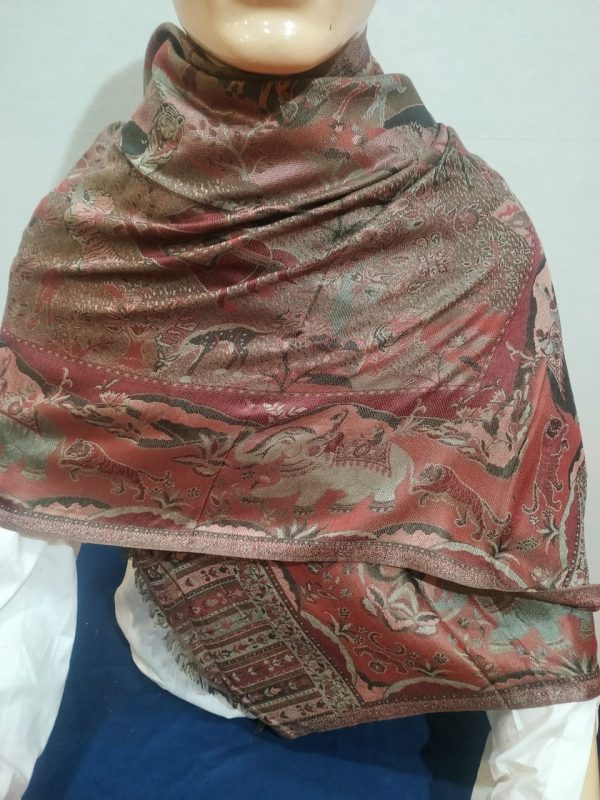 Red & Multi color Silk & Pashmina Unisex Animal Pattern Shawl With Multi color Border