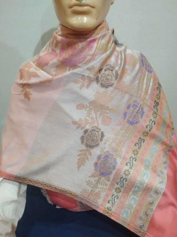 Beige & Multi color Silk & Pashmina Unisex Floral Design Shawl With Peach Border