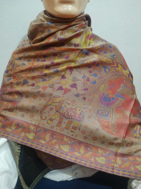 Beige & Multi color Silk & Pashmina Unisex Elephant Design Shawl With Black Border