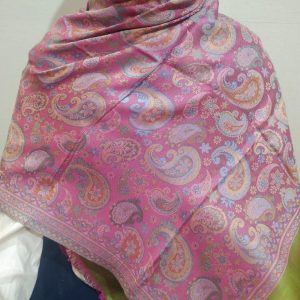 Pink & Multi color Silk & Pashmina Unisex Paisley Design Shawl With Bold Green Border