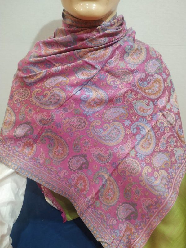 Pink & Multi color Silk & Pashmina Unisex Paisley Design Shawl With Bold Green Border