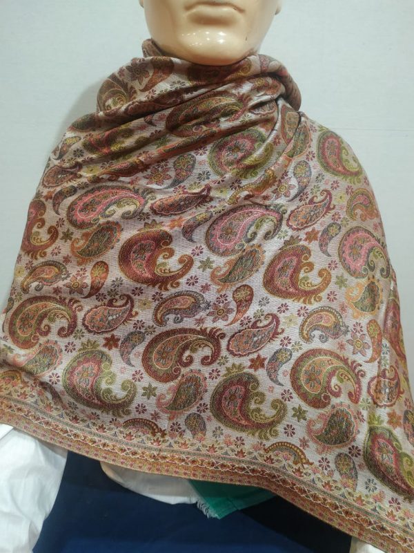 Beige & Multi color Silk & Pashmina Unisex Paisley Design Shawl With Light Green Border