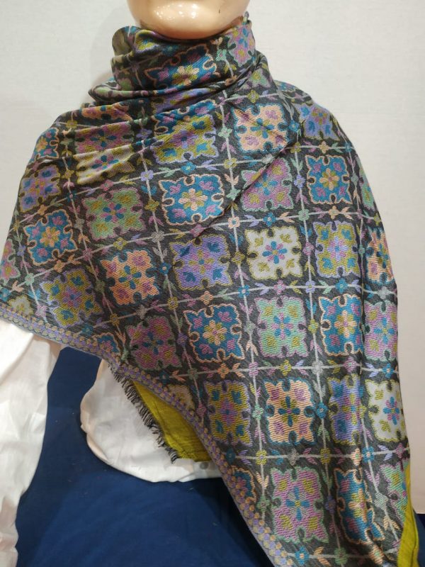 Black & Multi color Silk & Pashmina Unisex Floral Design Shawl With Yellow Border