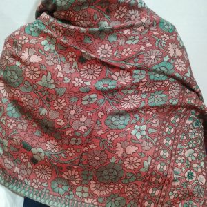 Red & Green Color Silk & Pashmina Unisex Floral Design Shawl With Purple Border