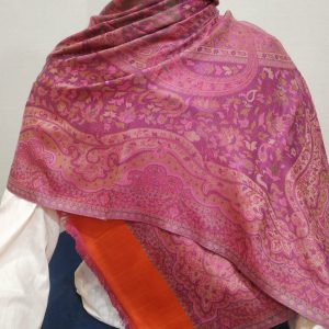 Pink & Multi color Silk & Pashmina Unisex Floral Design Shawl With Orange Border
