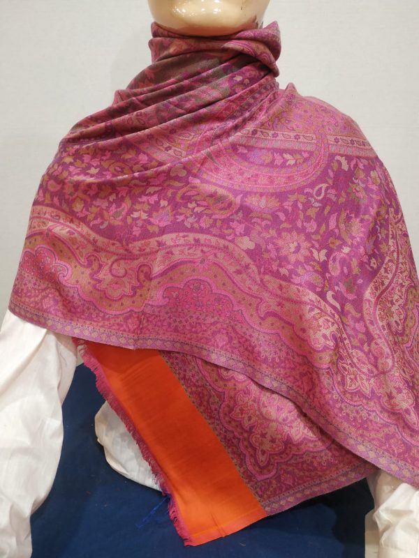 Pink & Multi color Silk & Pashmina Unisex Floral Design Shawl With Orange Border