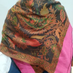 Black & Multi color Silk & Pashmina Unisex Floral Design Shawl With Pink Border