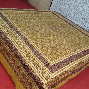 Yellow Ajrakh Kantha Double Layer Hand Stitched Bed Cover