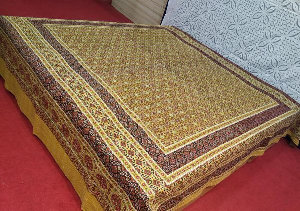 Yellow Ajrakh Kantha Double Layer Hand Stitched Bed Cover