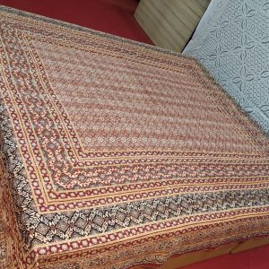 Beige & Red Ajrakh Kantha Double Layer Hand Stitched Bed Cover