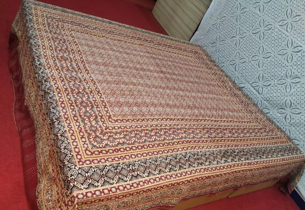 Beige & Red Ajrakh Kantha Double Layer Hand Stitched Bed Cover