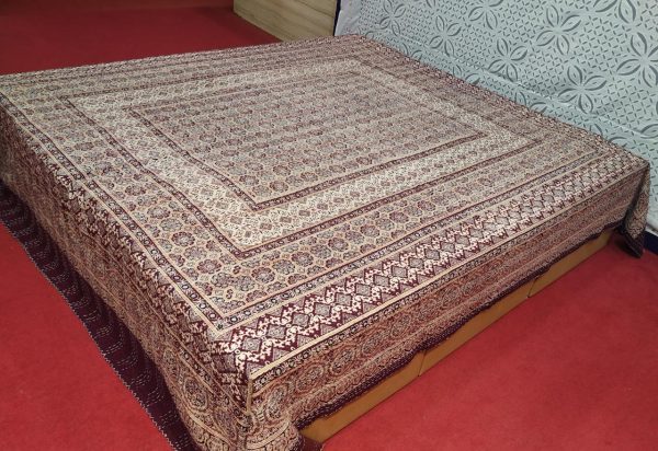 Beige & Maroon Ajrakh Kantha Double Layer Hand Stitched Bed Cover