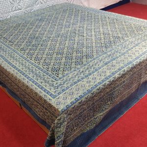 Indigo & Green Ajrakh Kantha Double Layer Hand Stitched Bed Cover