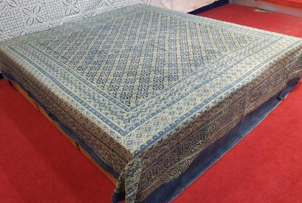 Indigo & Green Ajrakh Kantha Double Layer Hand Stitched Bed Cover