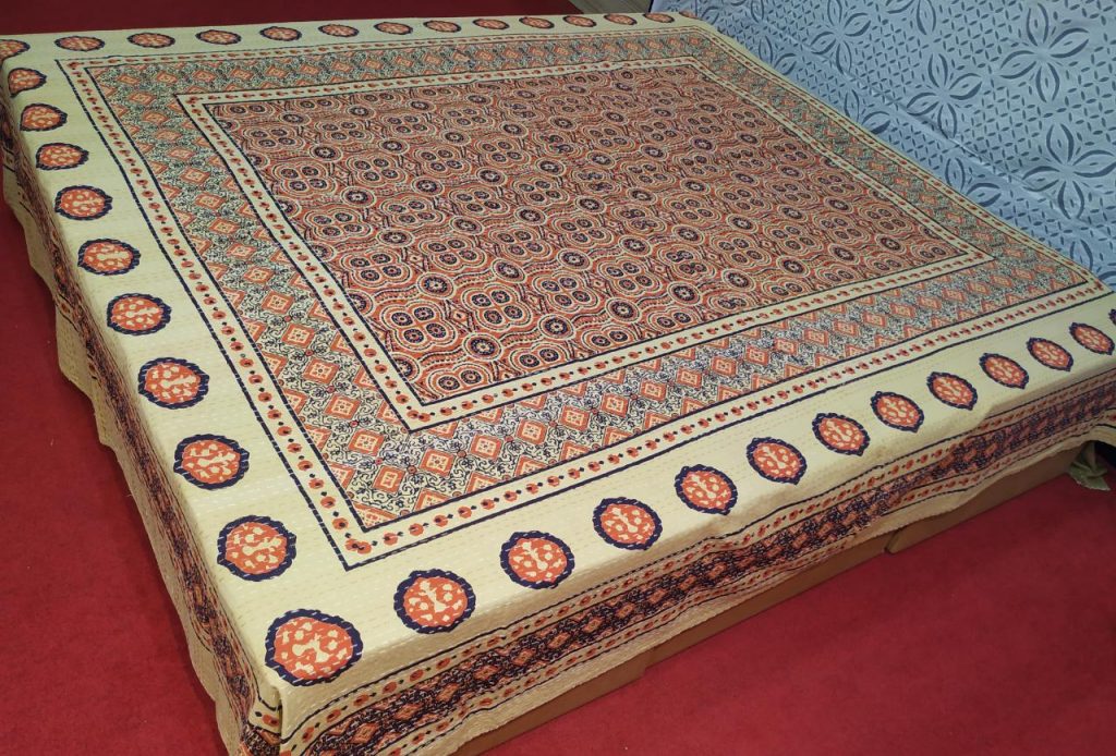 Orange & Beige Ajrakh Kantha Double Layer Hand Stitched Bed Cover