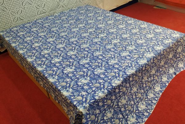 Blue Floral Block Printed Bed Cover Double Layer Hand Stitched Bed Cover