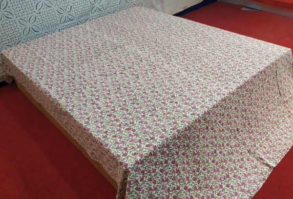 Ligth Pink & Green Floral Block Printed Bed Cover Double Layer Hand Stitched Bed Cover