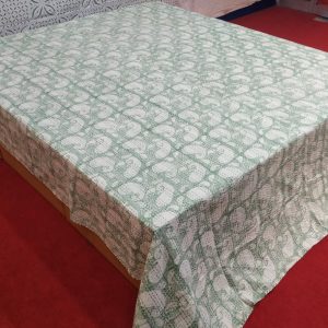 Ligth Green Paisley Block Printed Bed Cover Double Layer Hand Stitched Bed Cover