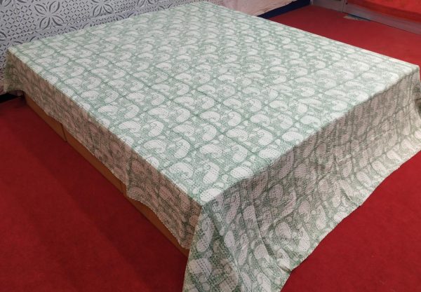 Ligth Green Paisley Block Printed Bed Cover Double Layer Hand Stitched Bed Cover